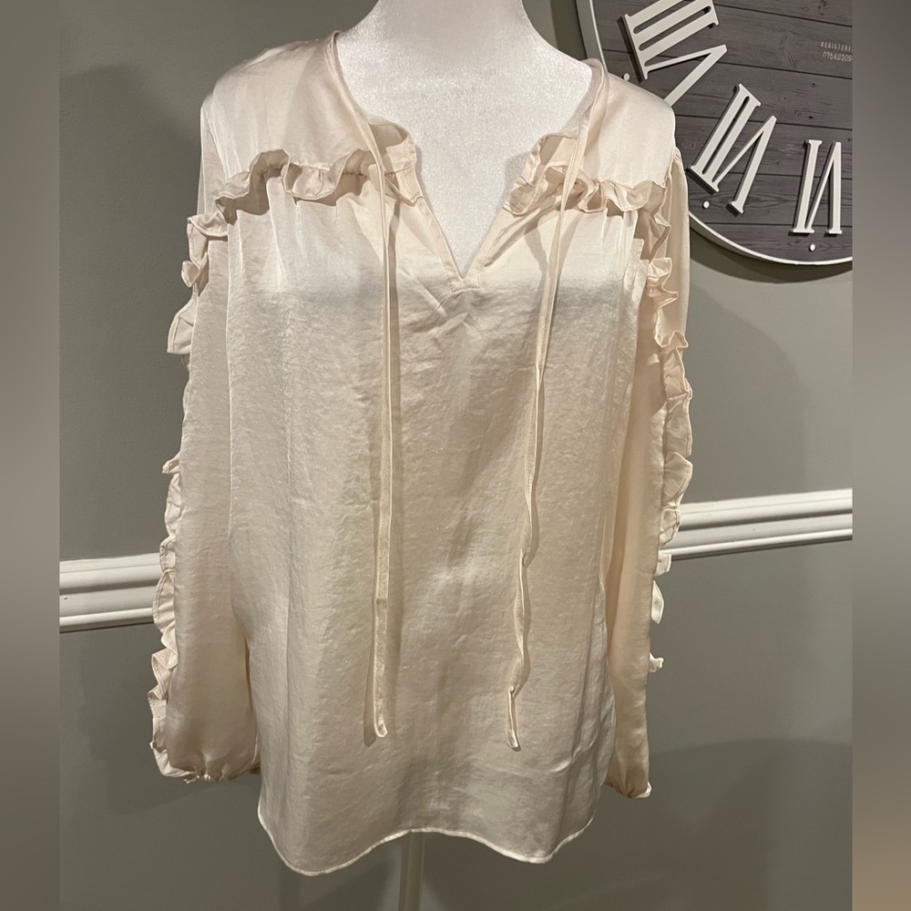 LOFT Satin cream long sleeve with ruffles - Size Medium slightly used worn 1x